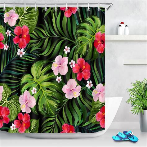 Jungle Pattern Flowers Monstera Hibiscus Palm Leaves Shower Curtains Waterproof Bathroom Curtain