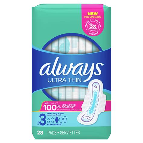Always Ultra Thin Pads With Wings Unscented Extra Long Size 3 28 Ct