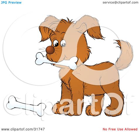 Clipart Illustration Of A Playful Brown Puppy Carrying A Dog Bone In