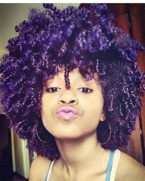 Dark Purple Afro Natural Curly Hair With Light Purple Lipstick Purple