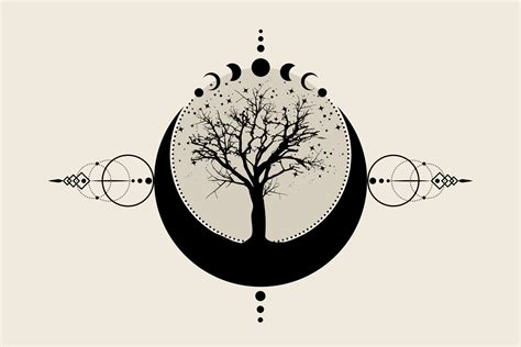Sacred Tree And Crescent Moon Hand Drawn Mystical Moon Phases Tree Of Life Sacred Geometry