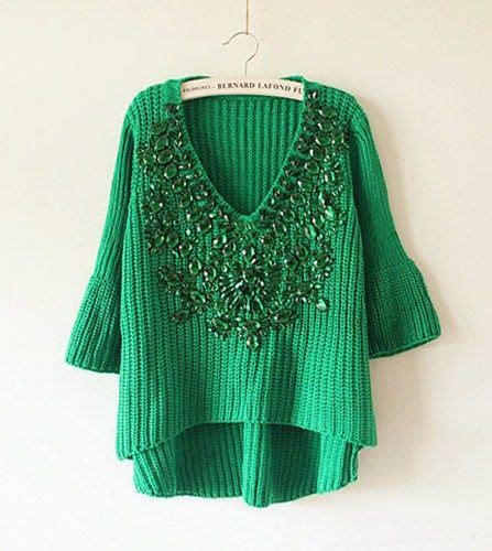 Emerald Green Bejeweled Sweater Asymmetrical Bling Knitted Top