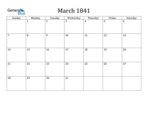 March 1841 Calendar Pdf Word Excel
