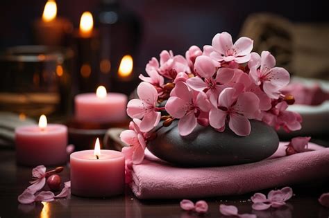 Premium Ai Image Spa Massage Stones Surrounded By Pink Flowers Towels Front View Wellness Backdrop
