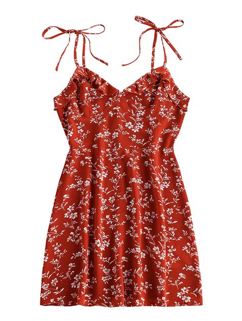 Zaful Tie Ruffles Ditsy Print Sundress Red Sundress Dresses Types