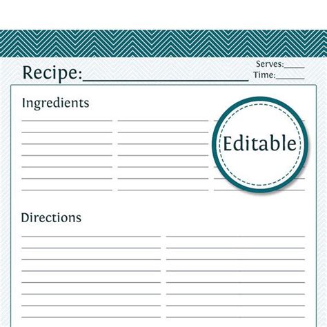 Recipe Card Full Page Fillable Printable Pdf Teal Etsy Recipe Book