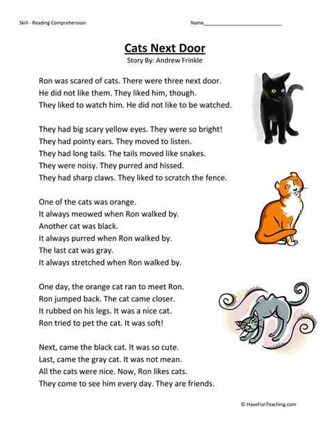 Cats Next Door Reading Comprehension Worksheet By Teach Simple