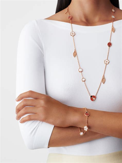Lucky Spring Long Necklace 15 Motifs 18k Rose Gold Carnelian Mother Of Pearl Onyx Van