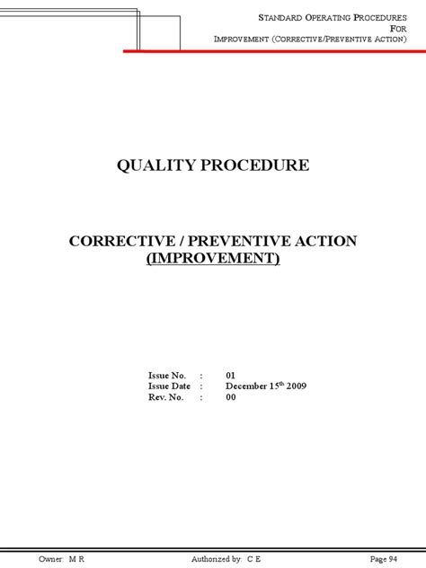 Sop 13 Improvement Corrective Preventive Action Quality Business