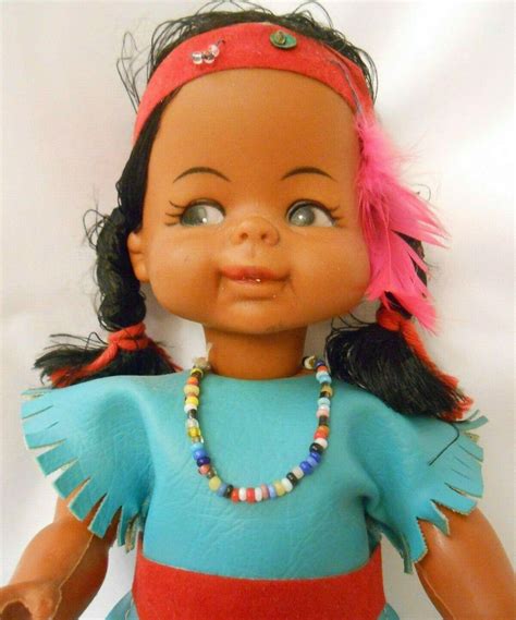 vtg native american indian girl doll hard plastic w beaded turquoise dress 8 3776456173