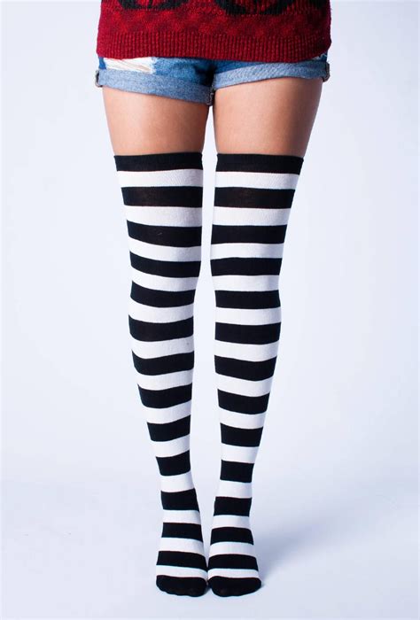 Blackwhite Striped Thigh High Socks Etsy White Thigh High Socks Black And White Socks