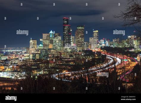 Downtown Seattle Skyline At Night Stock Photo Alamy