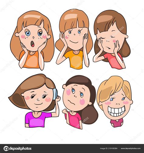 Set Vector Drawings Cartoon Characters Emotions Feelings Little Girls