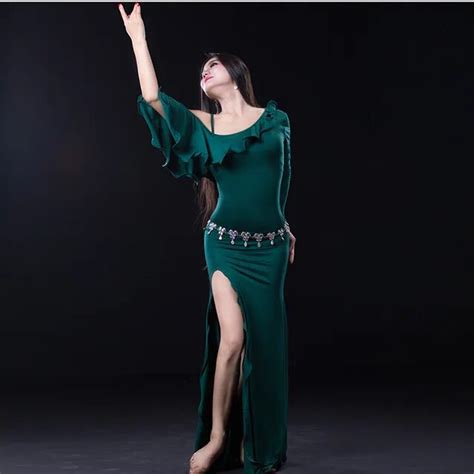 Women Sexy One Piece Modal Belly Dance Costume Shoulder Out High Slit