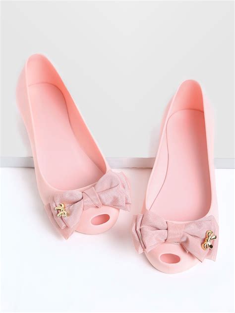 Pink Bow Embellished Peep Toe Ballet Flats Peep Toe Embellished
