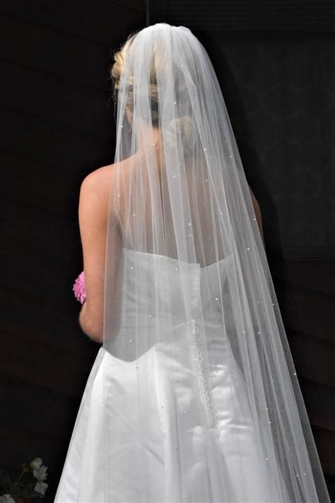 Single Tier Elegant 108 Cathedral Length Veil Scattered With Pearls
