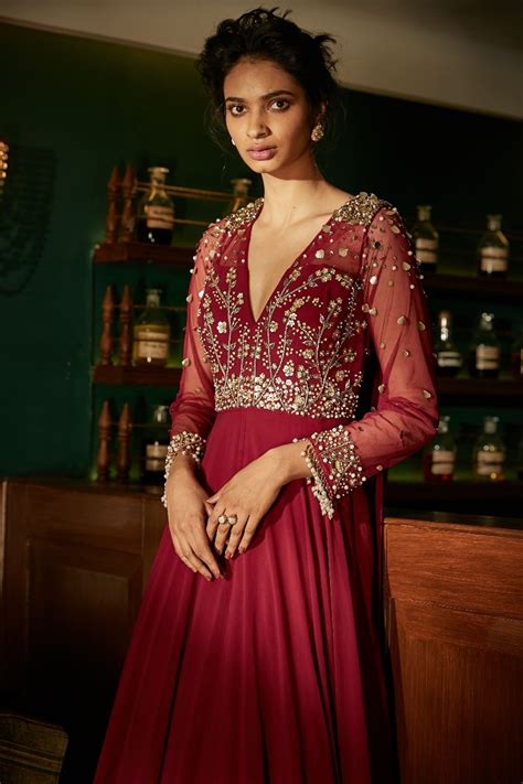 Bridaltrunk Online Indian Multi Designer Fashion Shopping Burgundy Gown With Attached Dupatta