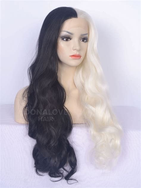 Half Black Half White Wavy Synthetic Lace Front Wig Sny093