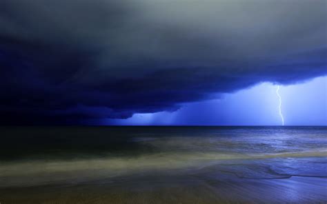 Lightning Blow Sky Dark Blue Gloomy Clouds Storm Sea Ocean