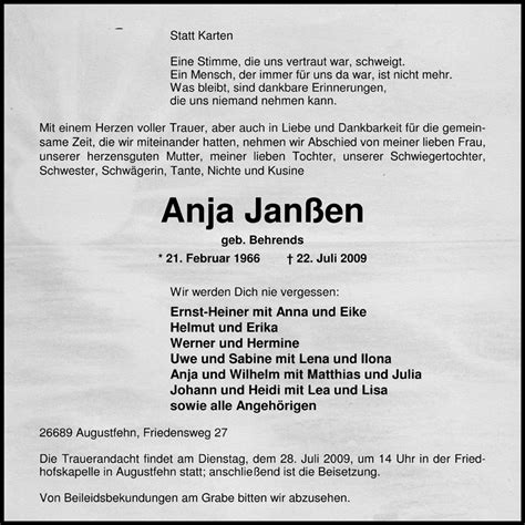 Traueranzeigen Von Anja Janßen Nordwest Trauerde