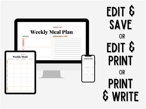 Weekly Meal Planner Printable Meal Planning Pdf Grocery List Etsy