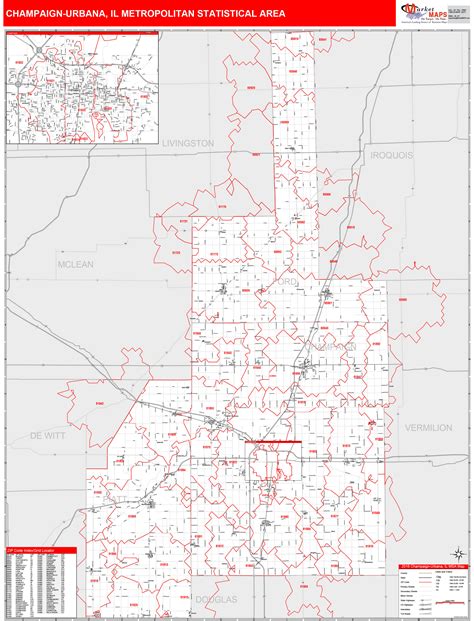 Champaign Urbana Il Metro Area Wall Map Red Line Style By Marketmaps