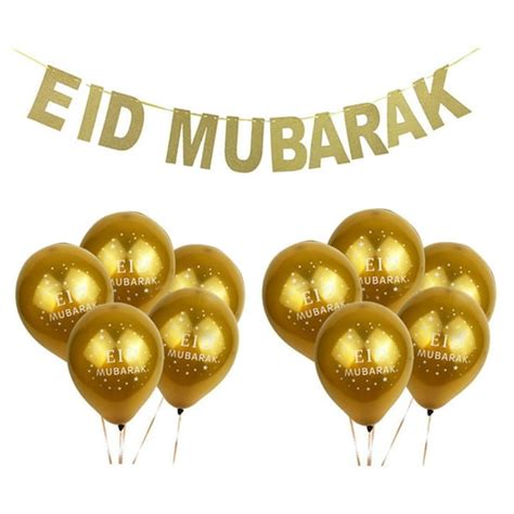 11pcs Eid Mubarak Balloons Gold Glitter Banner Muslim Ramadan