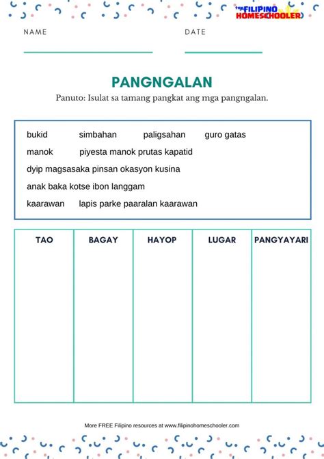 Mga Uri Ng Pangngalan Worksheets The Filipino Homeschooler