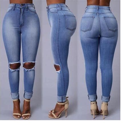 Jeans Femmes Denim Pantalon Crayon Trous Genou Exposed Tight Slim Sexy
