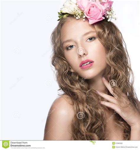 Beautiful Girl With Flowers In Her Hair And Pink Makeup Spring Image