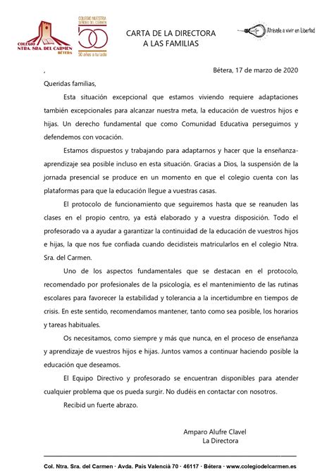Carta De La Directora A Las Familias Colegio Del Carmen