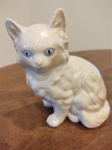 Vintage Ceramic White Cat Kitten Figurine With Blue Eyes Etsy