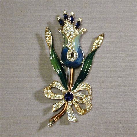 Huge Vintage Coro Figural Flower Pin Brooch Rhinestones Enamel From