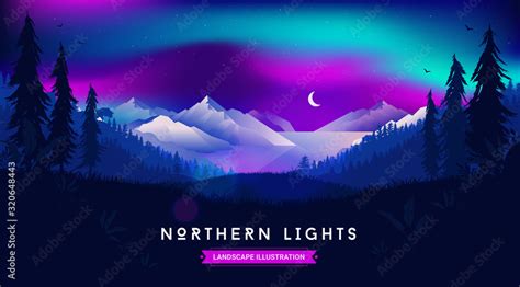 Northern Lights Landscape Illustration Beautiful Night Sky With Moon