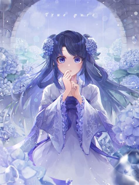Anime Girl Dress Blue Eyes Raining Water Drops 650x867 Wallpaper