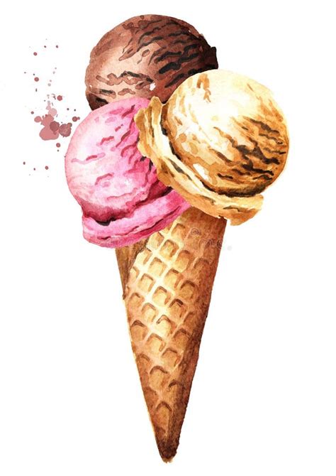 Chocolate Strawberry And Vanilla Ice Cream Scoop With Cone Watercolor Hand Drawn Illustration
