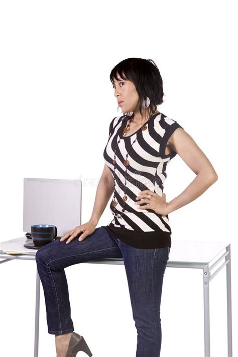 Woman Sitting On The Desk Stock Photo Image Of Cell 15119026