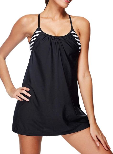 Zando Womens Slimming Swimwear Stripe Skirt Swimsuits Black Size 10