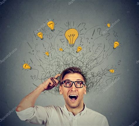 Happy Man In Glasses Looking Up With Light Idea Bulb Above Head — Stock