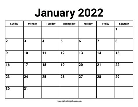 January 2022 Calendars Calendar Options