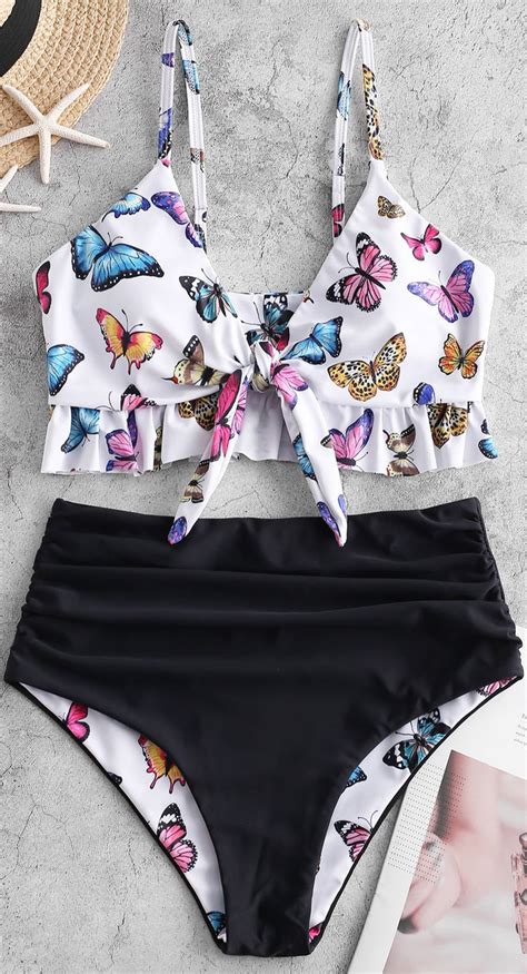 reversible butterfly print ruffle tied tankini swimwear trendy swimsuits cute swimsuits