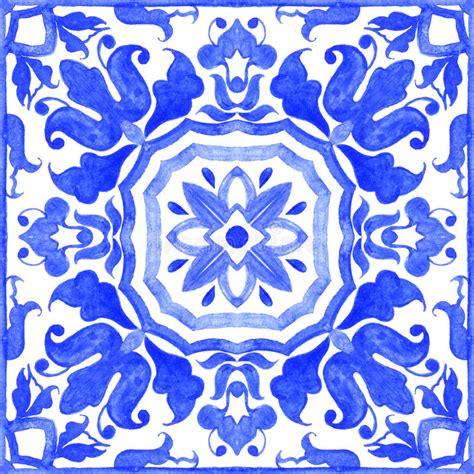 Portuguese Azulejo Tiles Watercolor Seamless Pattern Stock