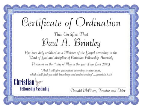 Editable Pastoral Ordination Certificatepatricia Clay Intended For