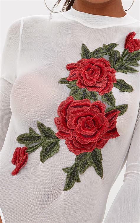 white mesh floral applique longsleeve thong bodysuit prettylittlething