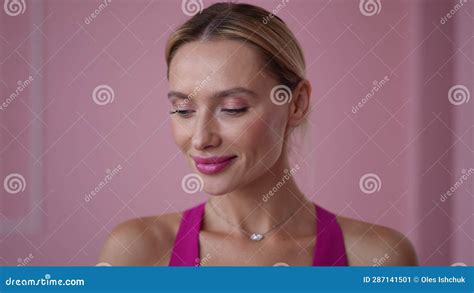 Close Up Face Of Slim Beautiful Woman Raising Palm Looking At Camera