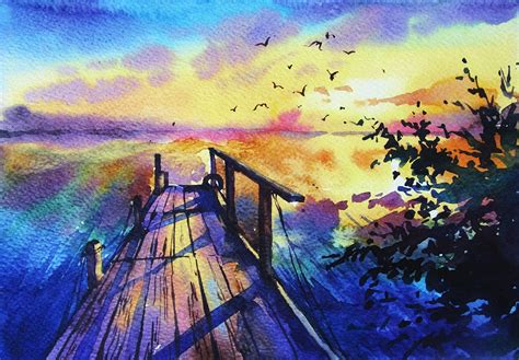 Beginner Sunset Watercolor Drawing Scenery Easy Easy Watercolor