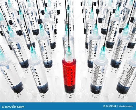 Multiple Rows Of Syringes One Filled With Blood Stock Photo Image Of
