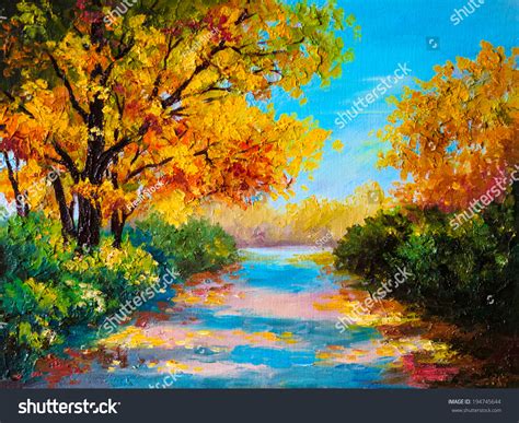 Oil Painting Autumn Forest With A Road Bright Leaves Stock Photo