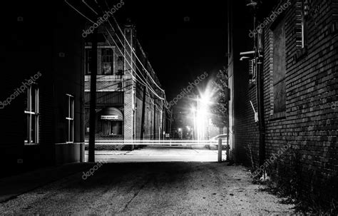 Dark Alley And Light Trails In Hanover Pennsylvania At Night Stock