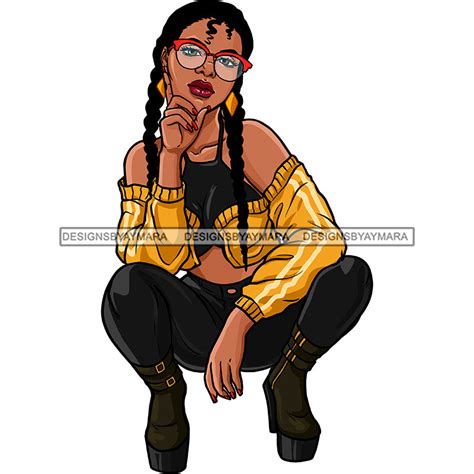 Sassy Black Woman Stooping With Braids In Color  Png Clipart Cricut